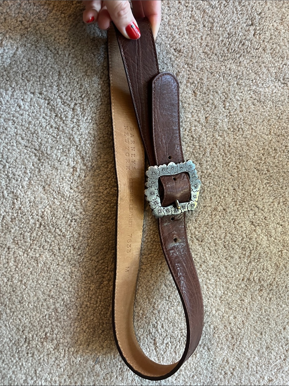 Barneys New York Brown Leather Belt with Floral Silver-Tone Buckle